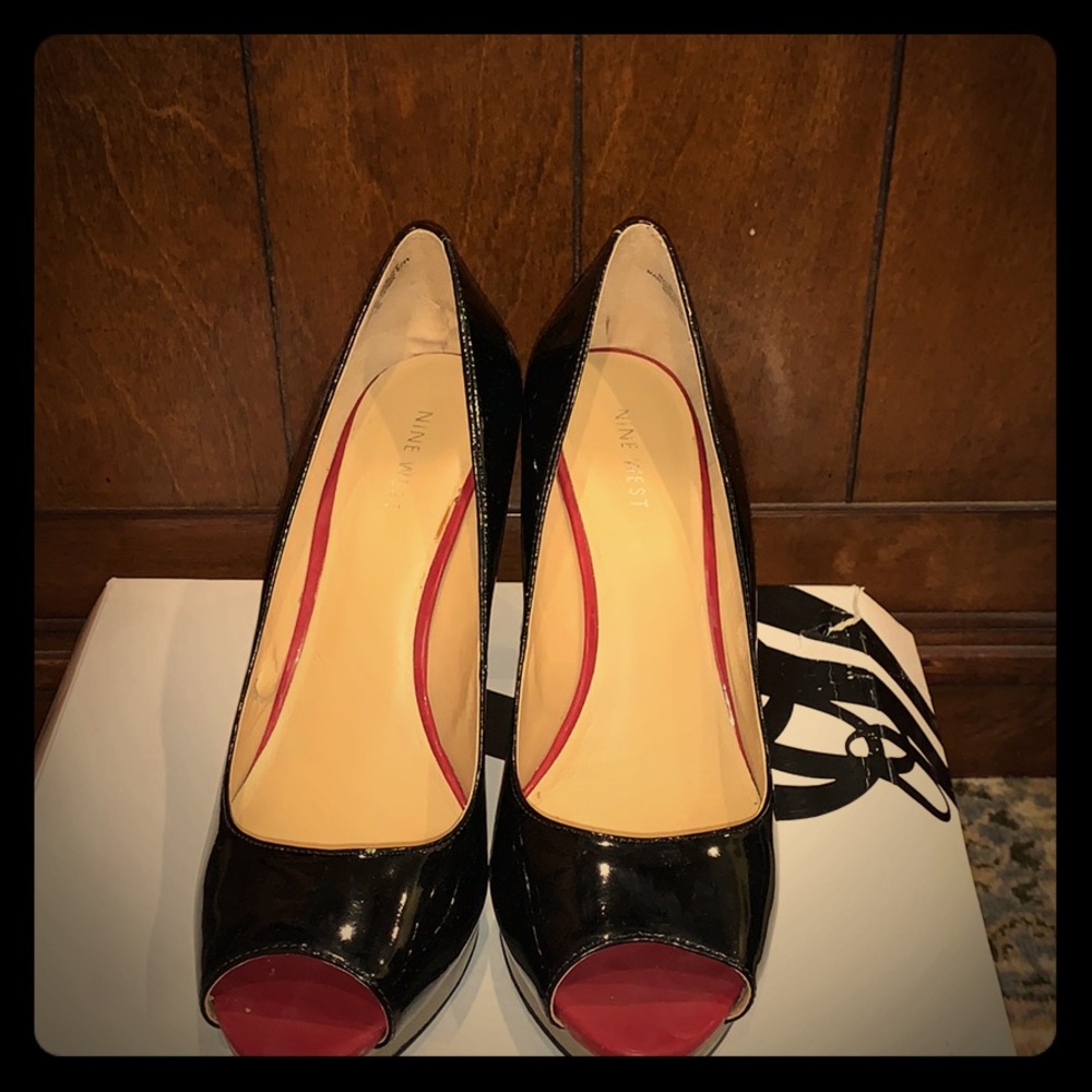 Nine West Black Patent peep toe platforms